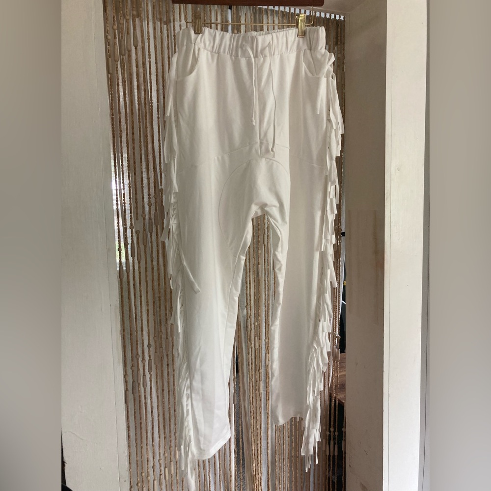 White harem fringe pants
